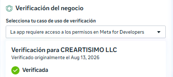 Centro de seguridad de Meta: Verificación para CREARTISIMO LLC — Verificada